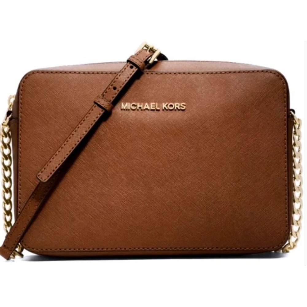 Michael Kors Jet Set Large East West Crossbody Bag Brown Saffiano Leather Gold
